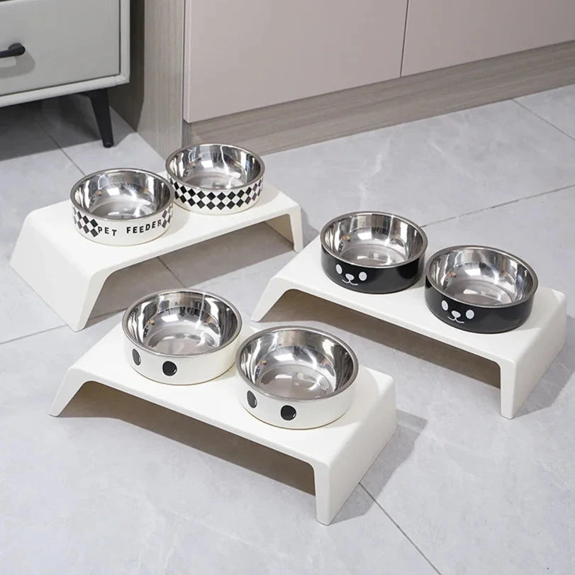 Comedero elevado para mascotas con soporte. Tazones de acero inoxidable para comida y agua.