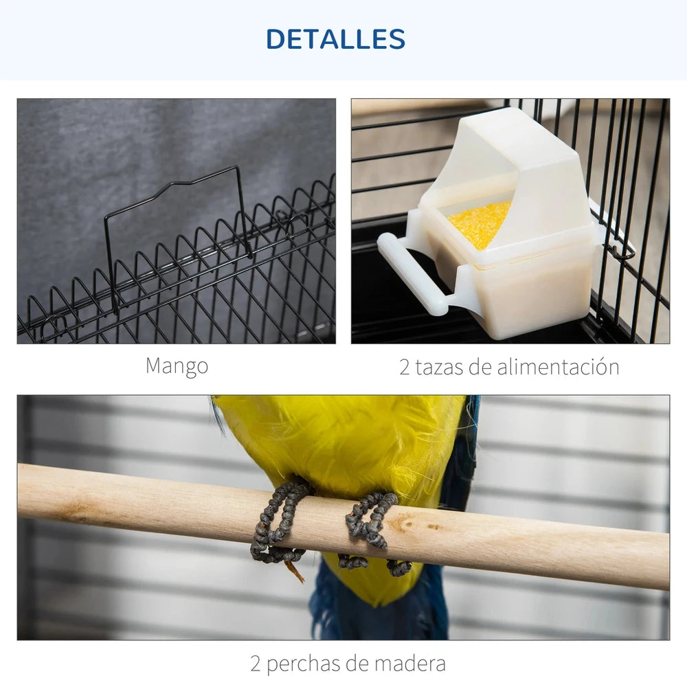 Jaula para pájaros con techo abatible con 2 comederos.       (40x40x59cm)