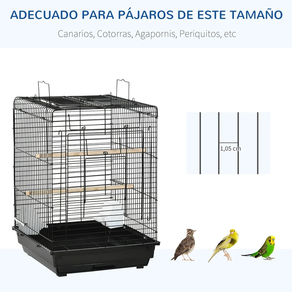 Jaula para pájaros con techo abatible con 2 comederos.       (40x40x59cm)