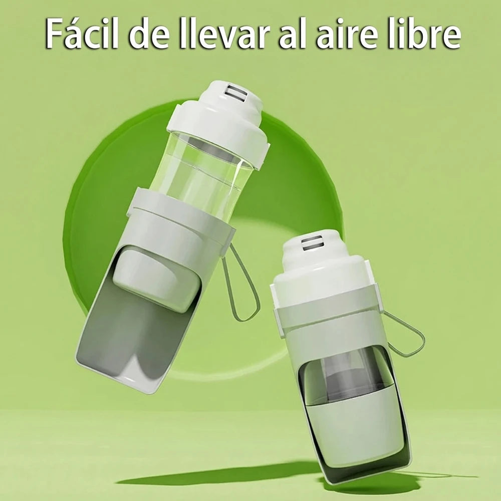 Botella de agua portátil para perros y gatos con almacenamiento de alimentos.