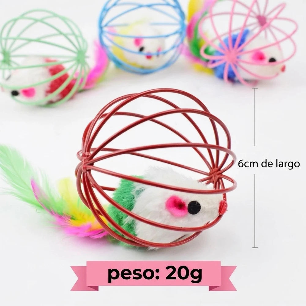 Ratón colorido en jaula. Juguete interactivo para gatos