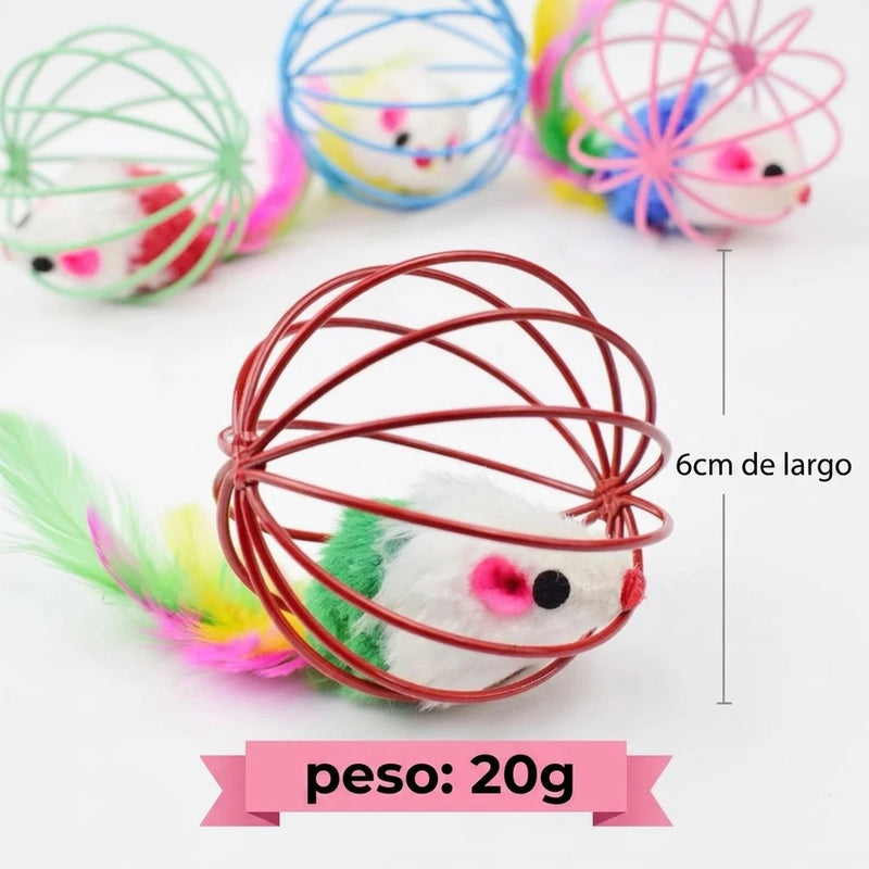 Colorful mouse in cage. Interactive cat toy