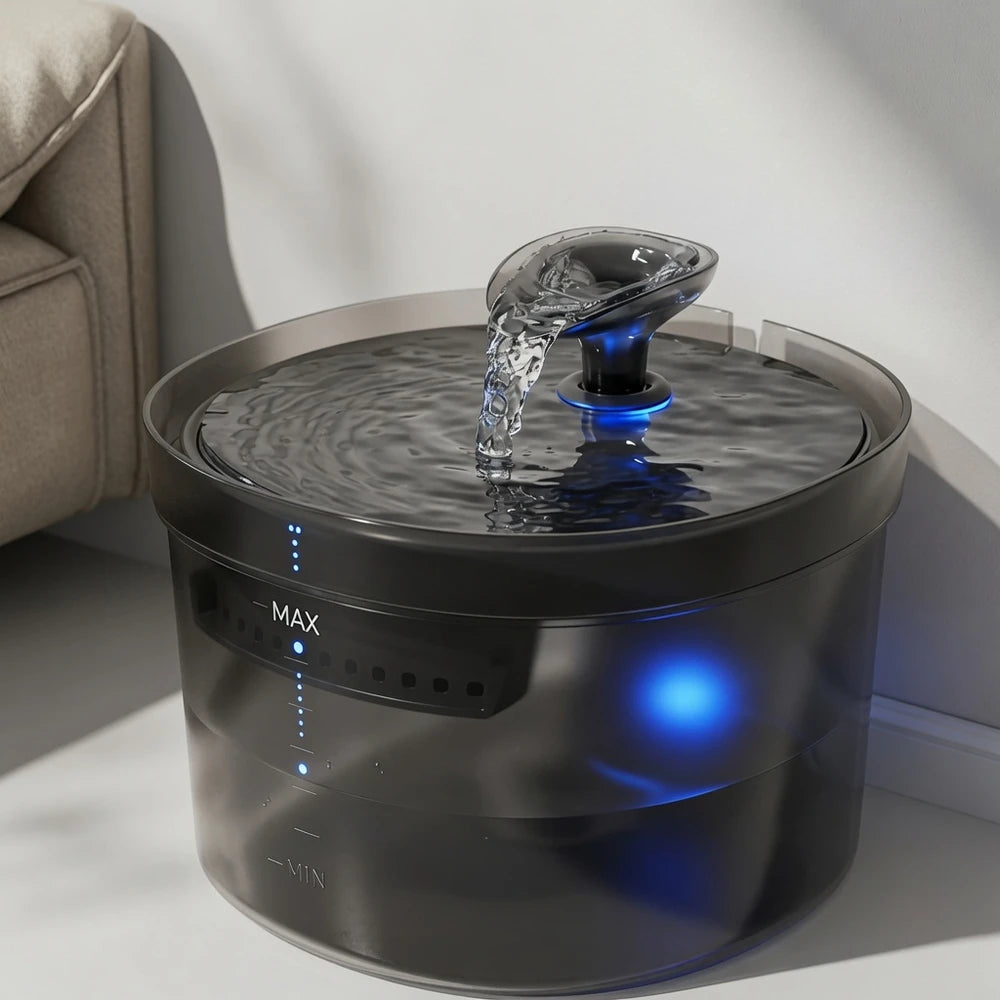 Fuente de agua automática con diseño negro elegante.