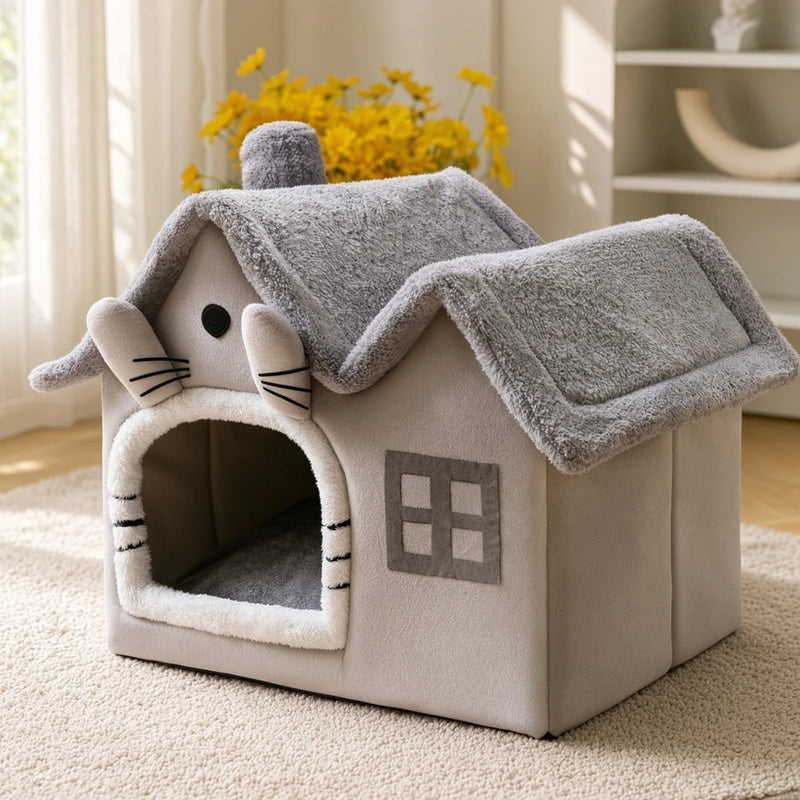 Cama Acolchada de Invierno para Gatos. Diseño con forma de casa.