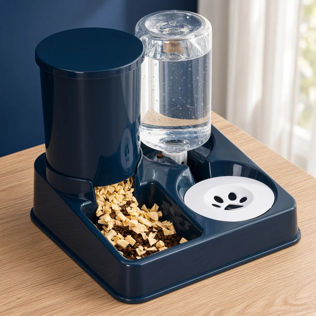 Comedero automático con dispensador de agua. Azul marino.