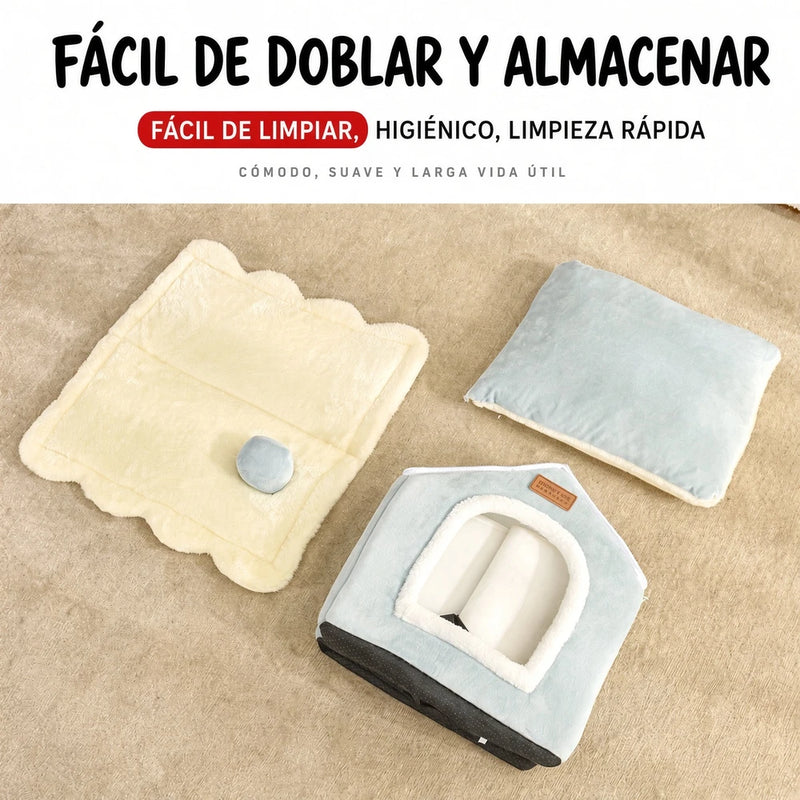 Cama con forma de casa para mascotas. Diseño suave.
