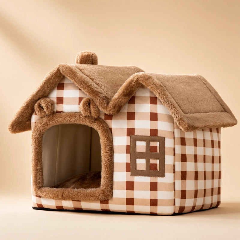 Cama Acolchada de Invierno para Gatos. Diseño con forma de casa.