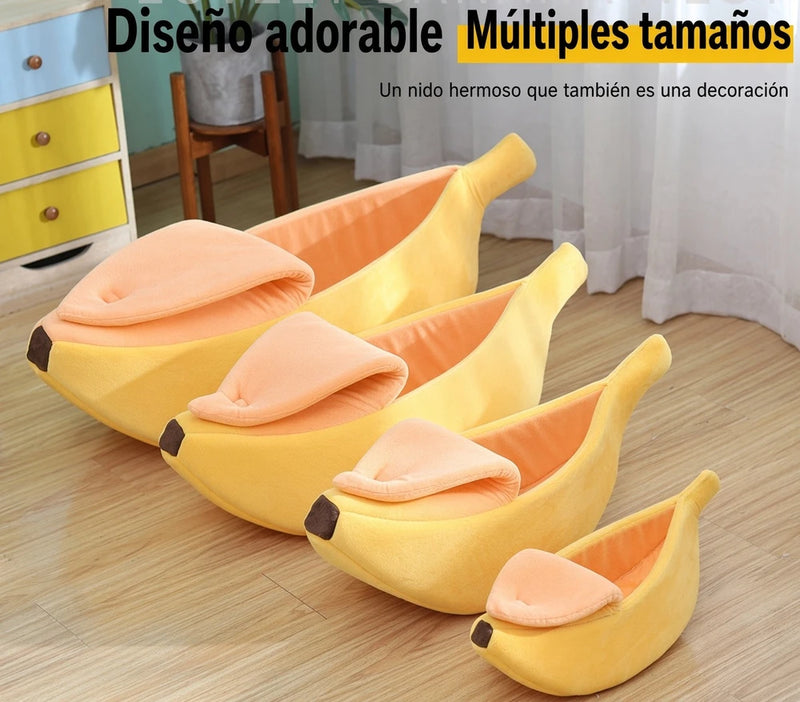 Cama Cálida con forma de plátano para mascotas.